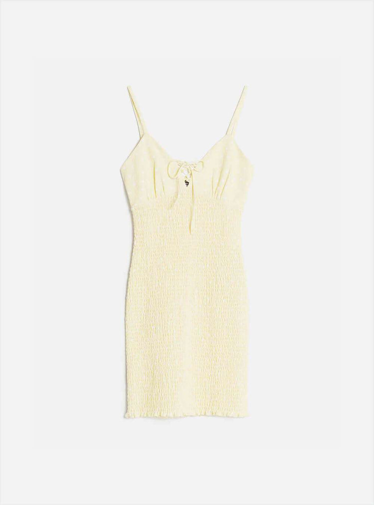 Dress with shirring and tie